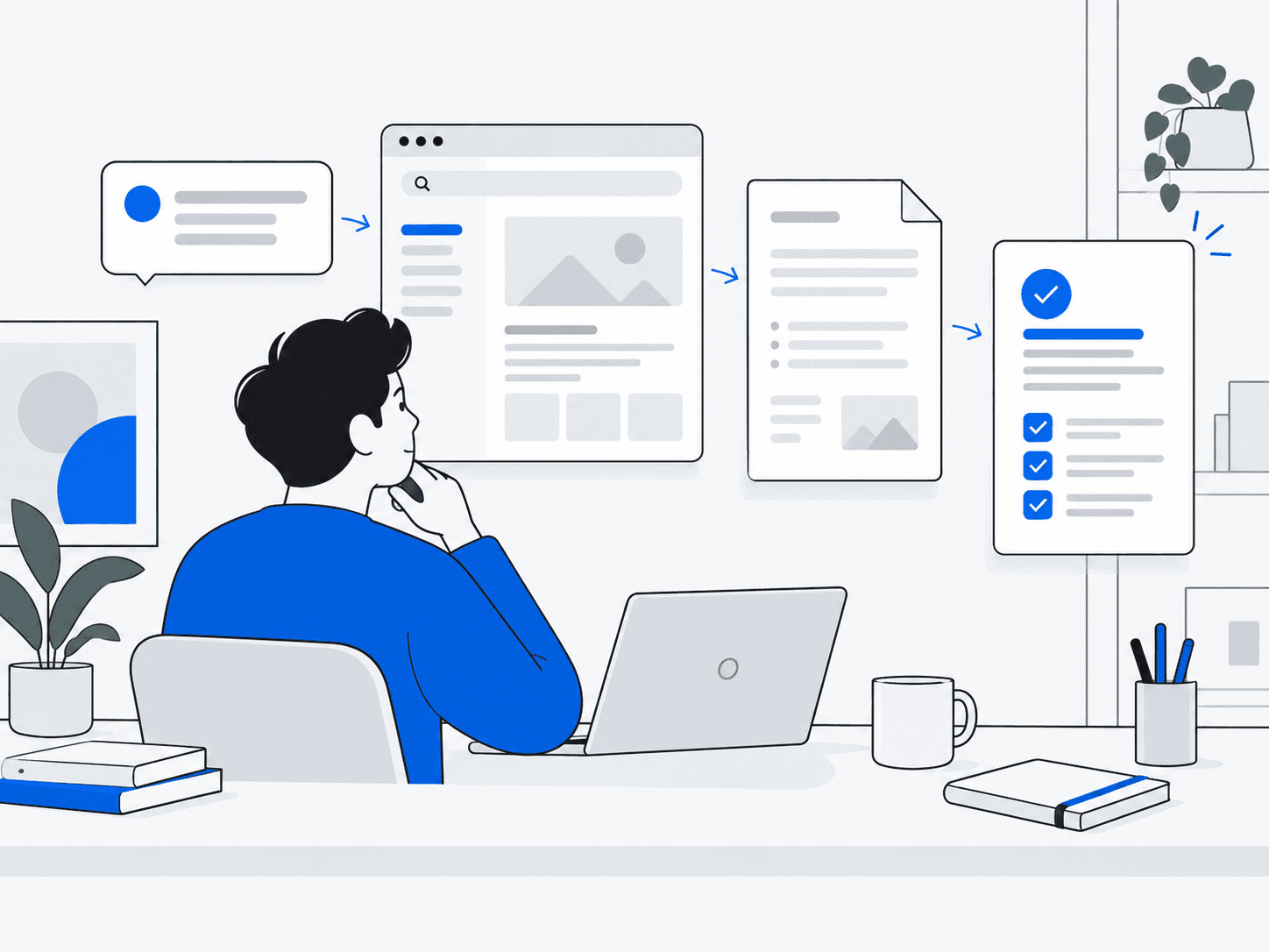 Concept: a request becomes work across software and a result to review